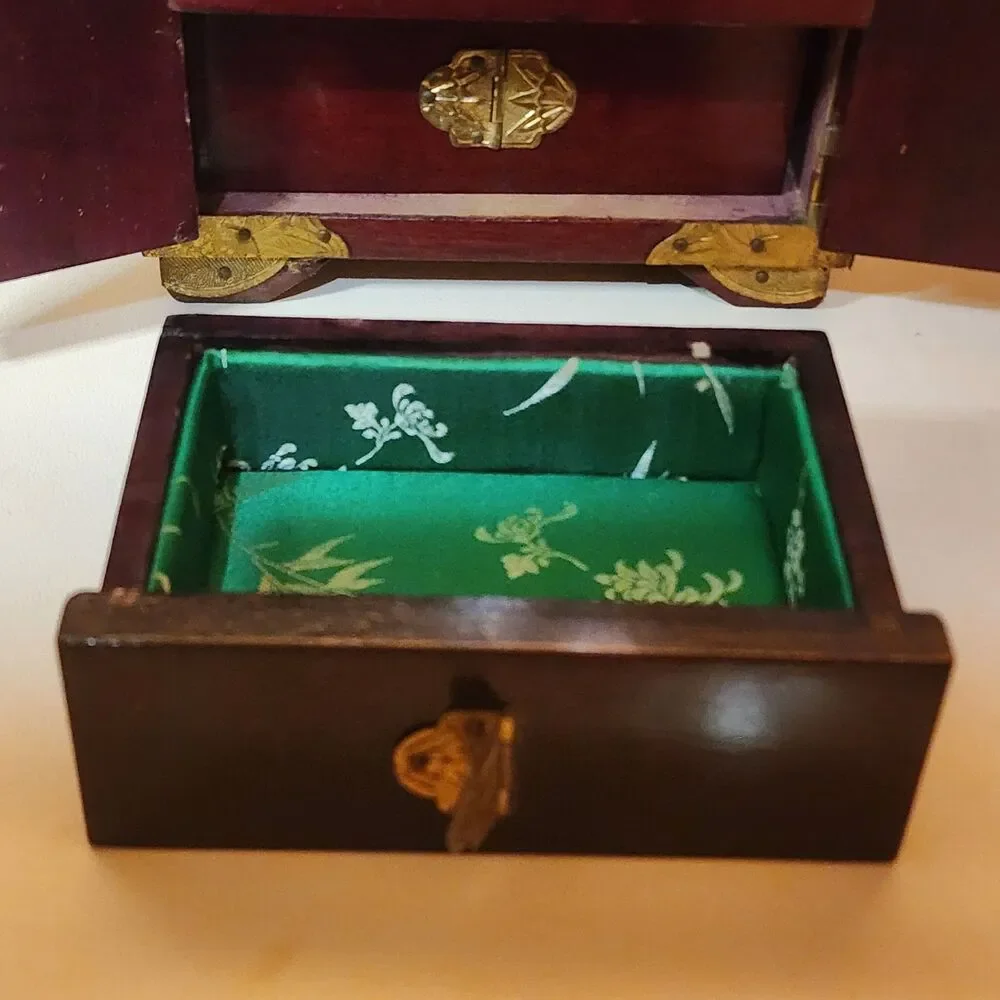 Vintage Chinese Musical Jewelry Box Brass Inlay 3 Drawer Wood Cabinet Memories